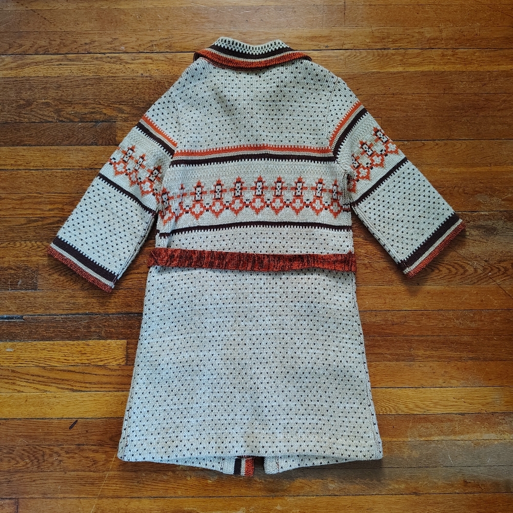 70s Vintage Cardigan Jacket Medium Large Tie Belted Waist Aztec Southwest Orange - Picture 5 of 8
